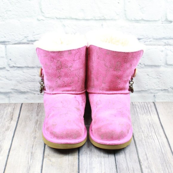 UGG Australia Fauna Princess Pink Suede Sheepskin Button Charm Winter Boots US 4 - Picture 6 of 10